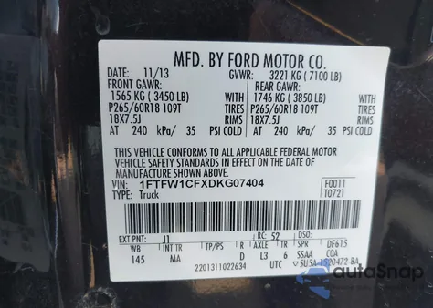 2013 Ford F-150 Xlt z USA, uszkodzony, nr VIN 1FTFW1CFXDKG07404